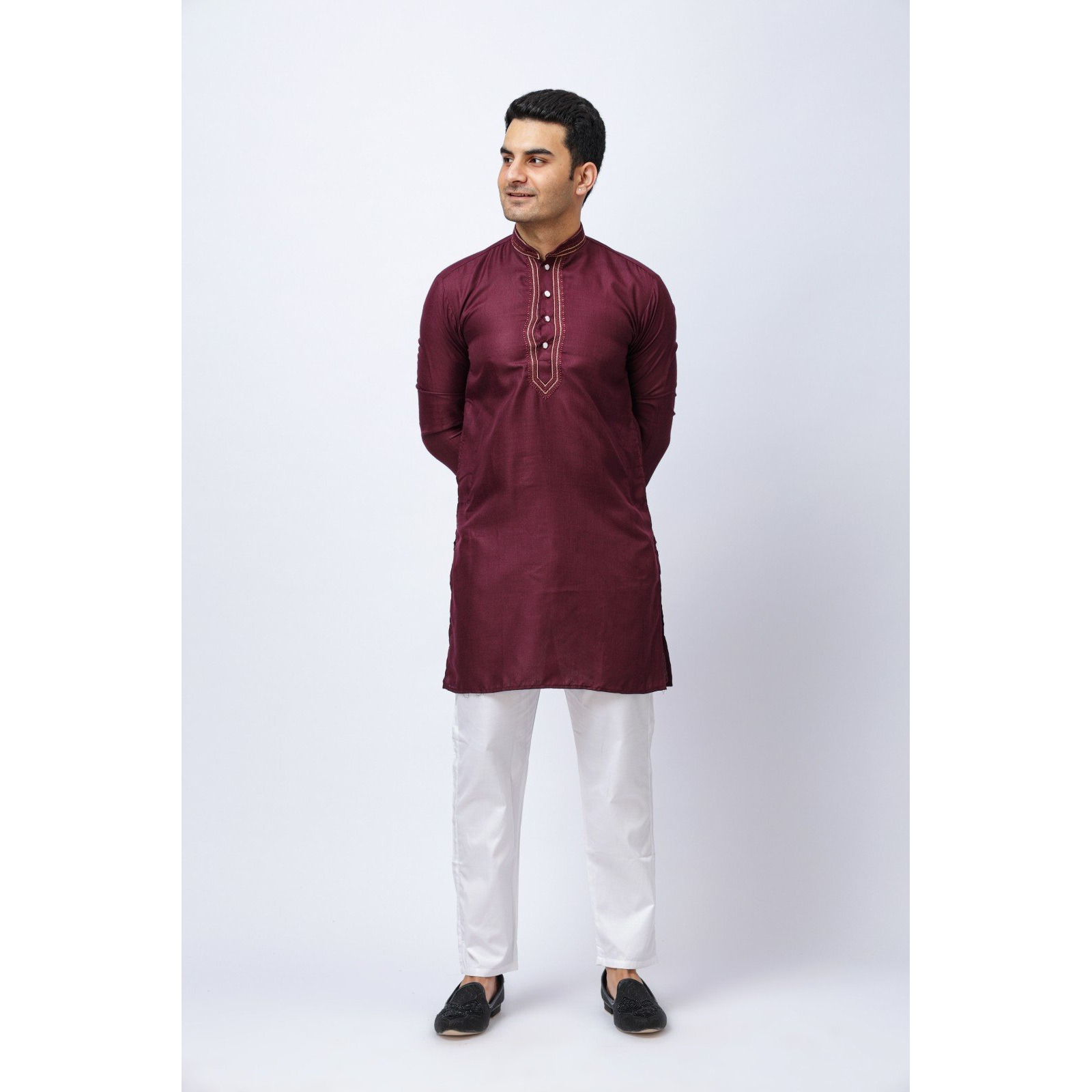 Men's Maroon Silk Kurta with neck embroidery and White Trouser Set, Festive Ethnic Wear, Regular Fit