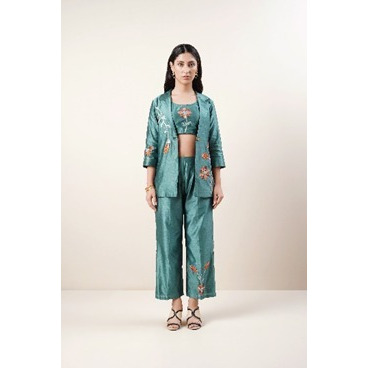 Teal Blue 3 piece co-ordset in pure Chanderi silk fabric. Highlighted with floral embroidery in Silk threads.