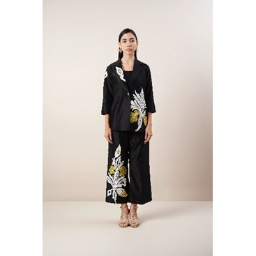 Black 3 piece suit with bold patchwork embroidery on pure Chanderi Silk fabric.