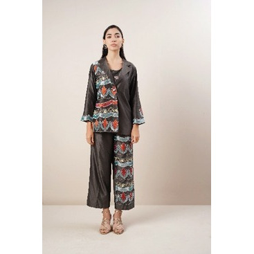Grey 3 piece suit with multicolor tissue patchwork and threadwork embroidery .