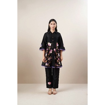 Black Coord-set on pure Chanderi silk fabric. Detailed with multi colored floral embroidery and scallop edging.