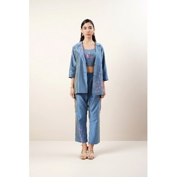Blue 3 Oiece Coord- set in pure Chanderi silk. Highlighted with bead work embroidery.