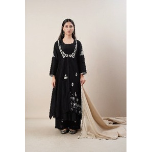 Black Layered Kurta set with dupatta in pure Chanderi silk with Hand embellishments and traditional silver dabka motifs.