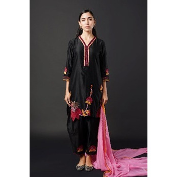 Black Short Kurta -Salwar set in Pure Chanderi Silk with Pink Organza Dupatta with Multicolor Patch embroidery.
