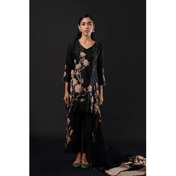 BlackShort kurta set in pure Chanderi silk with Mul Chanderi Dupatta. Highlighted with Aari work embroidery.