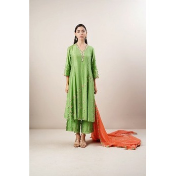 Green and Coral pure Chanderi Silk Kurta set highlighted with Silver dabka embroidery.