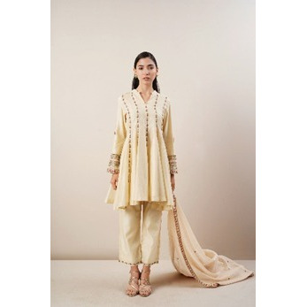 Cream Chanderi Anarkali with Dhoti and Dupatta. Hand Embroidered with beads, resham and dabka that accentuate the flow of the garment.