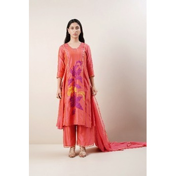 Coral Kurta set in Pure Chanderi Silk with Organza Dupatta with bold floral patchwork and thread work embroideries.