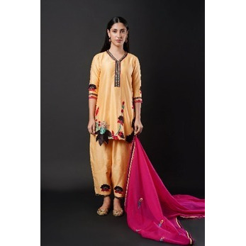 Champane Short Kurta -Salwar set in Pure Chanderi Silk with Magenta Organza Dupatta with Multicolor Patch embroidery.