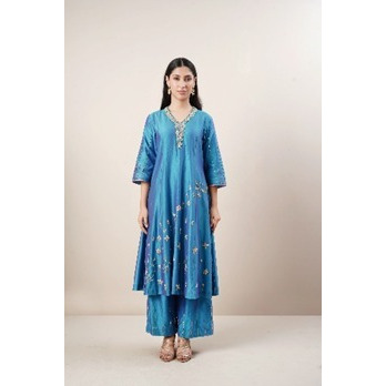 Blue and Coral pure Chanderi Silk Kurta set highlighted with silver dabka emroidery.