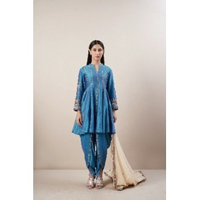 Blue Chanderi Anarkali with Dhoti and Dupatta. Hand Embroidered with beads, resham and dabka that accentuate the flow of the garment.