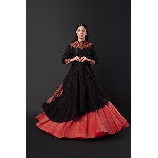 Indo-Anarkali Lehenga set In Chanderi and pre Tisssue. Hihlighted with big Red rose Buta and Neckline Placement.