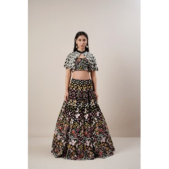 Lehenga Choli with Cape crafted in Banarsi Organza. Intricately detailed with fine threadwork floral pattern. Cape highlighted with Silver dabka and Hand embellishments.