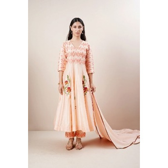 Peach Anarkali in pure Chanderi silk with floral buta embroidery.