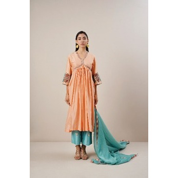 Peach and Cyan Chanderi Silk kurta set with intricate dabka handwork embroidery.