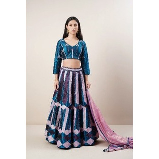 Peacock Blue Lehena Choli set in Pure Silk andd Tissue.