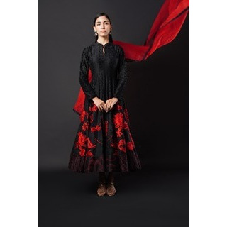 Pure Chanderi Silk Anarkali Suit in Classic black with contrasting bold Red Thread Embroidery. Paired with Organza duptta.