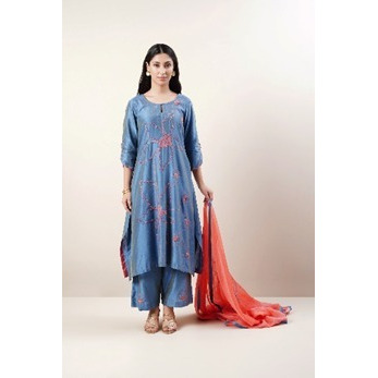 Pure Chanderi Silk Kurta Set in Blue and Coral. Highlighted with bead work embroidery.