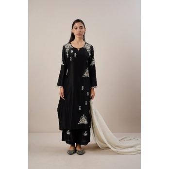 Pure Chanderi silk Kurta set with fine hand embroidered Dabka work with mul Chanderi dupatta highlighted with matching embroidery.