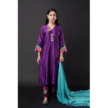 Purple Chanderi Silk Kurta set with multi color threadwork Embroidery with Cyan mul Chanderi Dupatta.