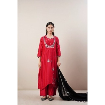 Red Layered Kurta set with Black dupatta in pure Chanderi silk with Hand embellishments and traditional silver dabka motifs.