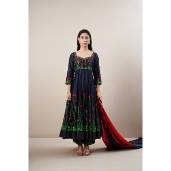 Red Rose Garden Anarkali set in Navy Blue pure Chanderi Silk with Ombre Dupatta.