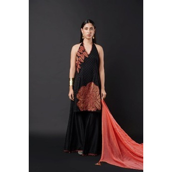 Rose Halter Neck Kurta Sharara set in Pure Chanderi Silk with Chikan Embroidery and Tissue Patch work in black& & rust.