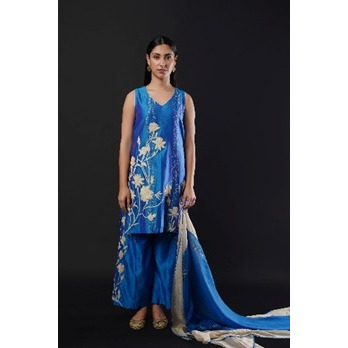 Royal Blue Short Kurta set with Organza Dupatta detailed with intricate dori work embroidery.