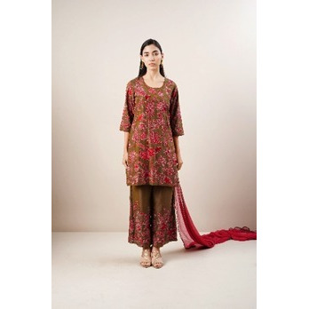 Sepia Short Kurta set in pure Chanderi silk with chiffon dupatta. Highlighted with Thread work embroidery.
