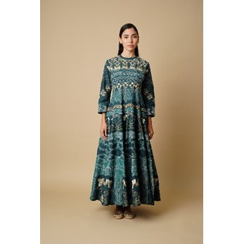 Teal Mandala Anarkali Set in Pure Chanderi Silk detailed with intricate Zari Embroidery and Tissue Patchwork.