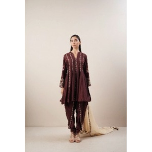 Umber Chanderi Anarkali with Dhoti and dupatta. Hand embroidered with beads and dabka that accentuate the flow of the garment.