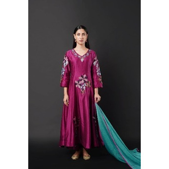 Wine Anarkali set with Cyan Organza Dupatta detailed with 3D Floral Embroidery.