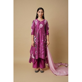 Wine-Lilac Pure Chanderi Kurta set with Dupatta detailed with Patchwork Embroidery.