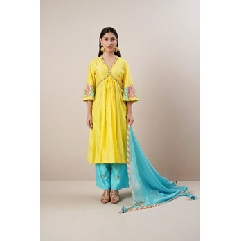 Yellow and Cyan Chanderi Silk kurta set with intricate dabka handwork embroidery.