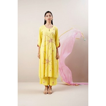 Pure Chanderi Silk Kurta Set in Yellow and Pink. Highlighted with bead work embroidery.