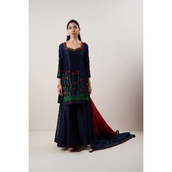 Red Rose Garden Sharara set in Navy Blue Pure Chanderi Silk with Ombre dupatta.
