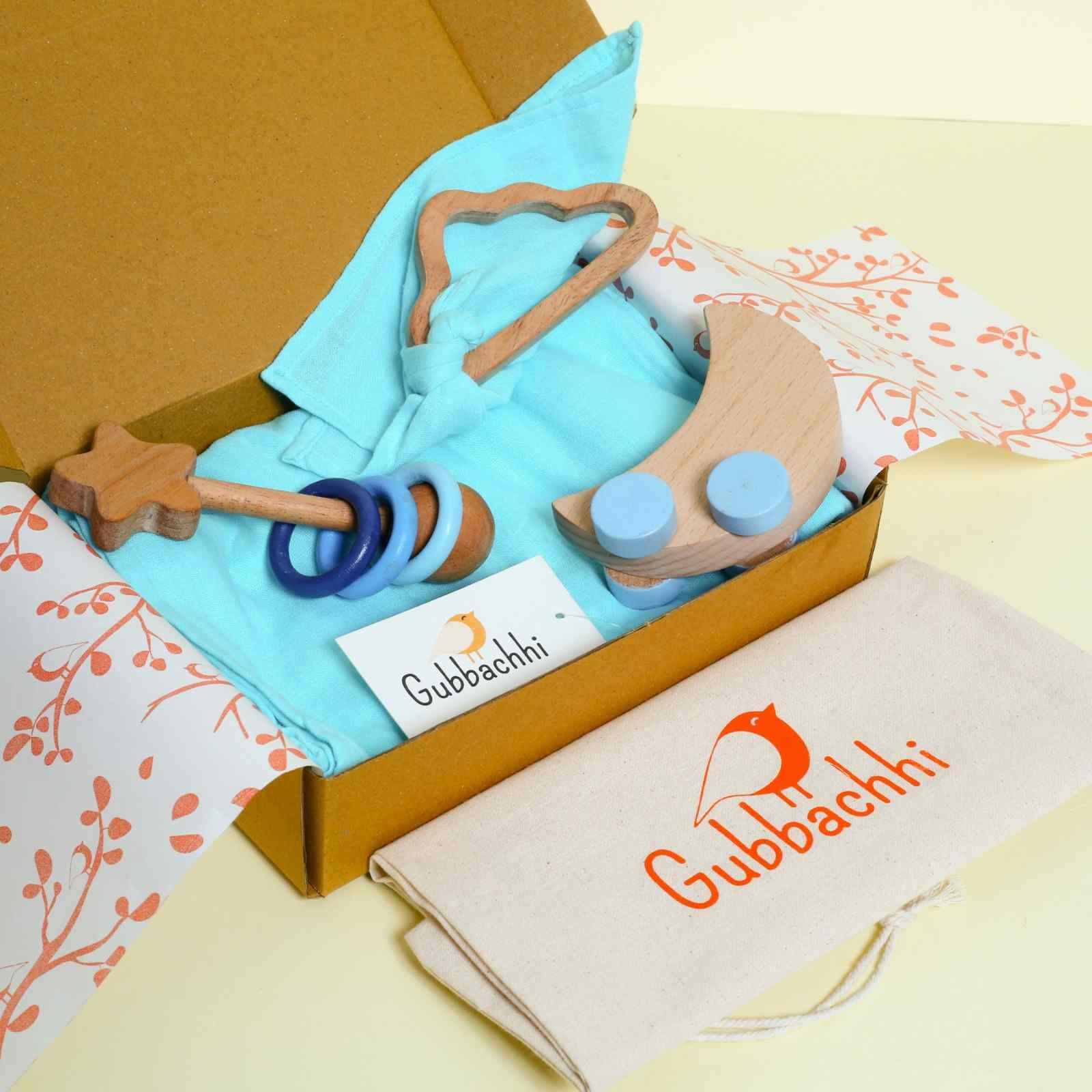 Baby Gift Set  Chand Tara | Newborn Gift Set with Muslin Swaddle & Wooden Toys | Rattle, Rolling Toy & Neem Wood Teether | Handmade in India | Non Toxic | 3months +