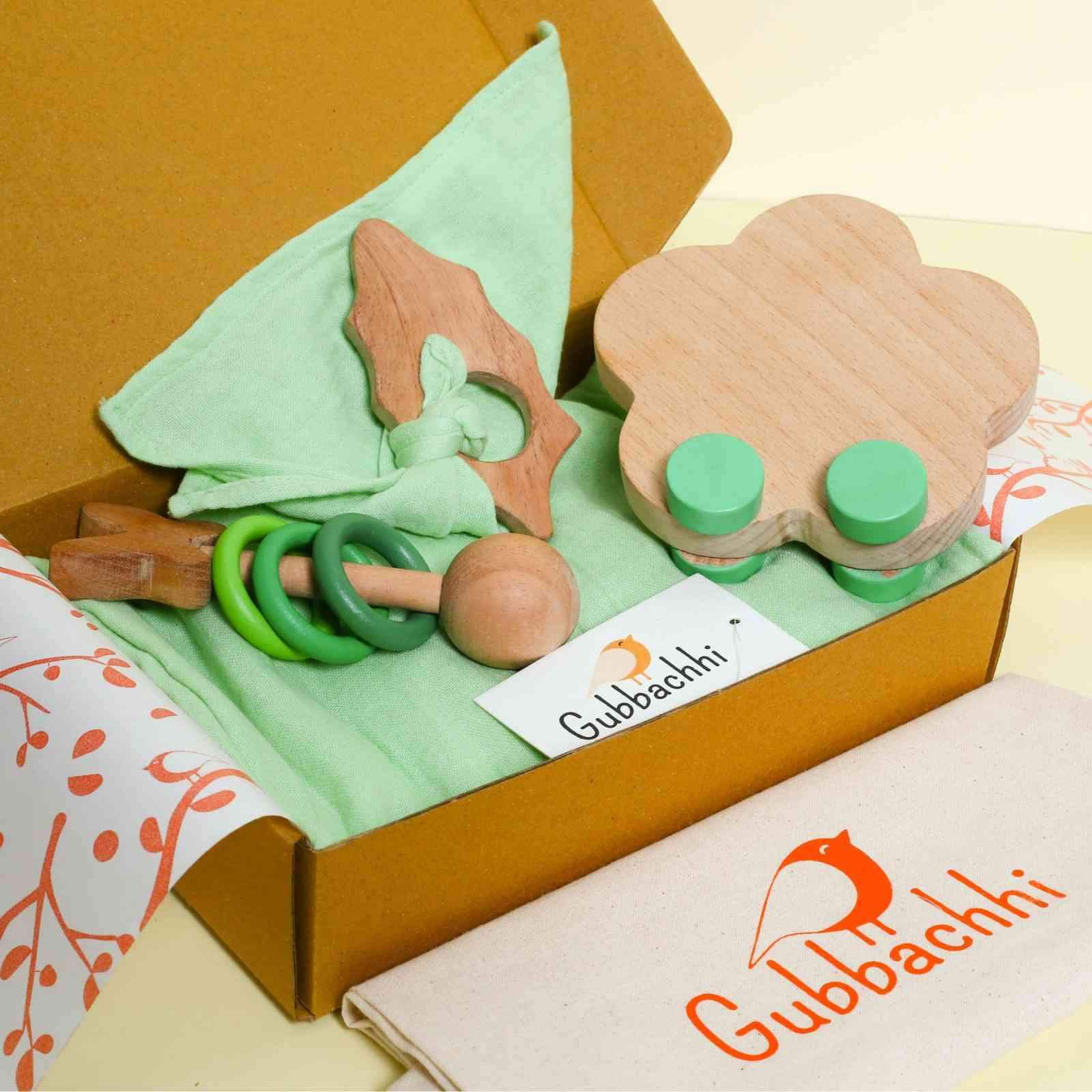 Baby Gift Set  Chand Tara | Newborn Gift Set with Muslin Swaddle & Wooden Toys | Rattle, Rolling Toy & Neem Wood Teether | Handmade in India | Non Toxic | 3months +
