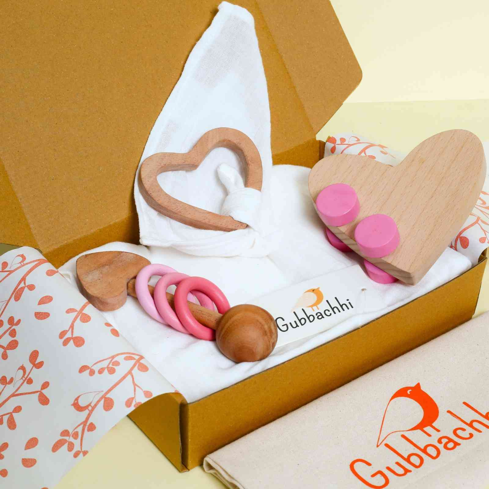 Baby Gift Set  Preet | Newborn Gift Set with Muslin Swaddle & Wooden Toys | Heart Rattle, Rolling Toy & Neem Wood Teether | Handmade in India | Non Toxic | 3months +