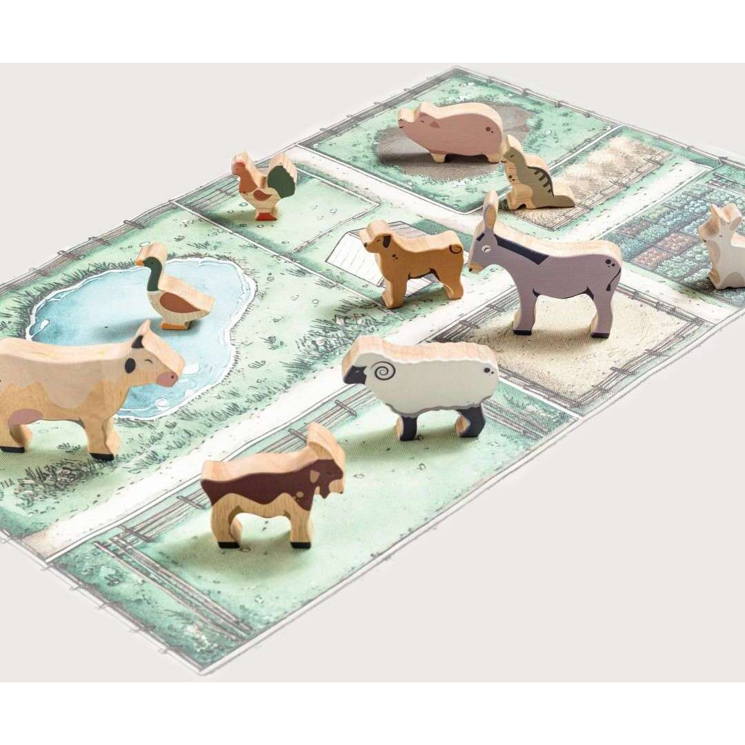 Once Upon A Farm - 10 Animals, Play Mat & Story Booklet Wooden Farm Animals, Canvas Mat & Story Booklet 2 Year +