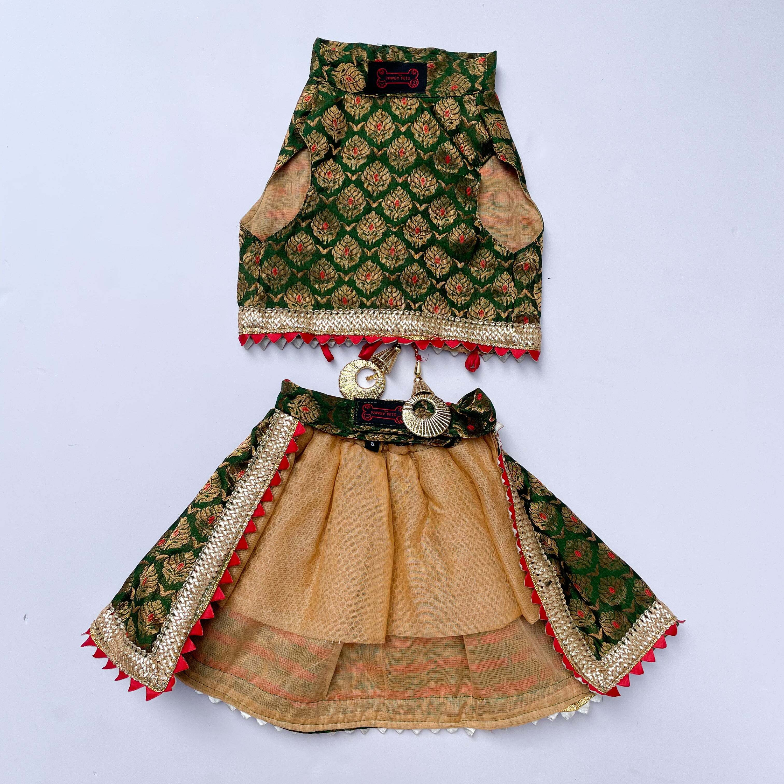 Green Brocade Lehenga | For Dogs | Pawgy Pets