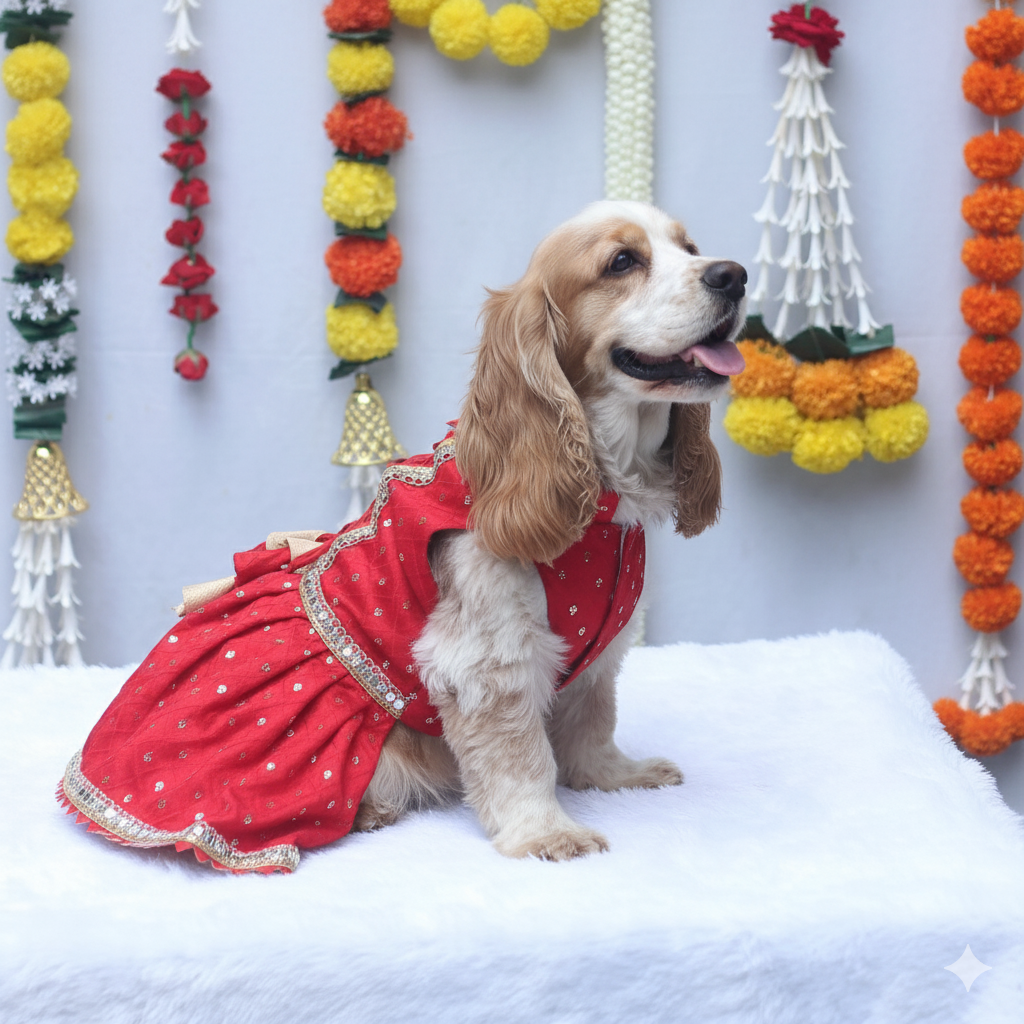 Red Shahi Lehenga Dress | For Dogs | Pawgy Pets