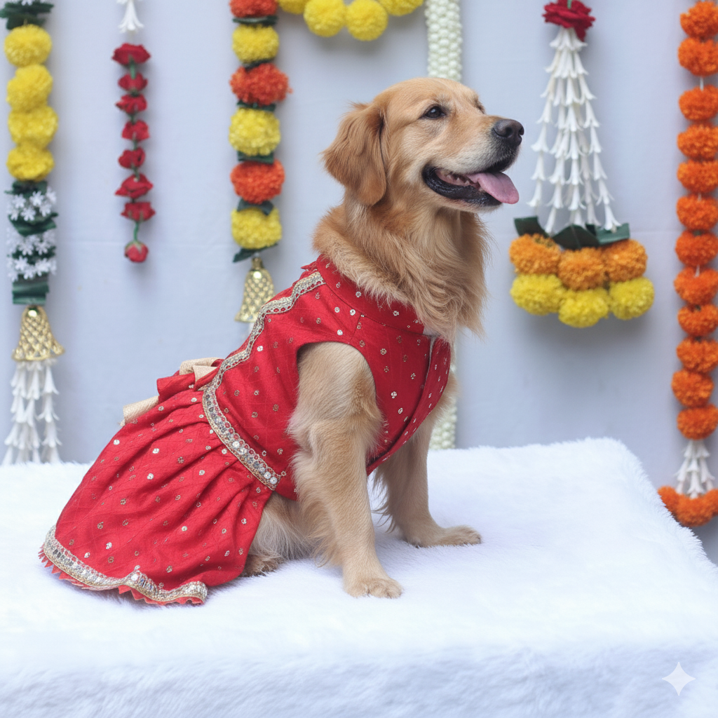Red Shahi Lehenga Dress | For Dogs | Pawgy Pets