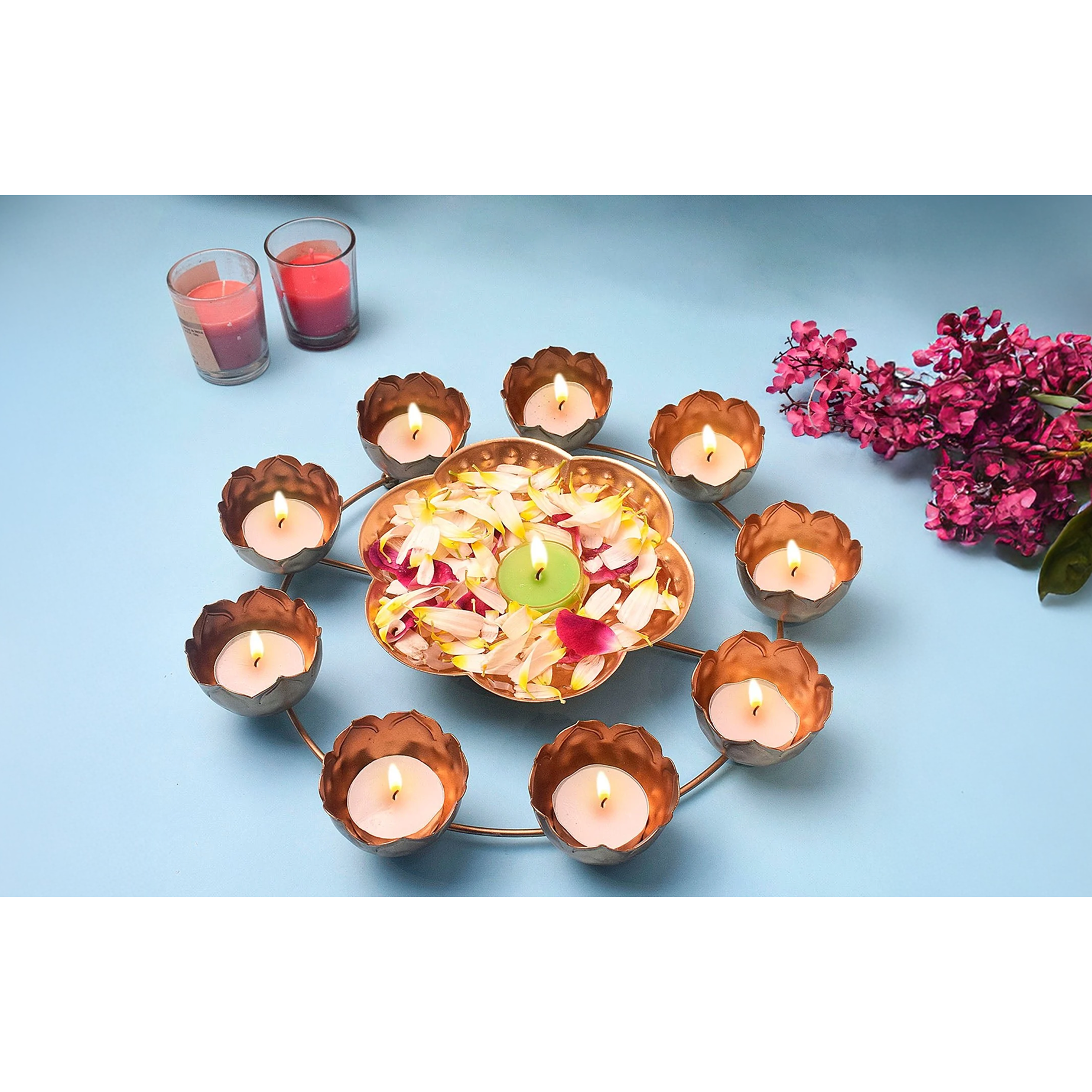 Seher Decorative Metal Lotus Shape Urli with Candle Holder