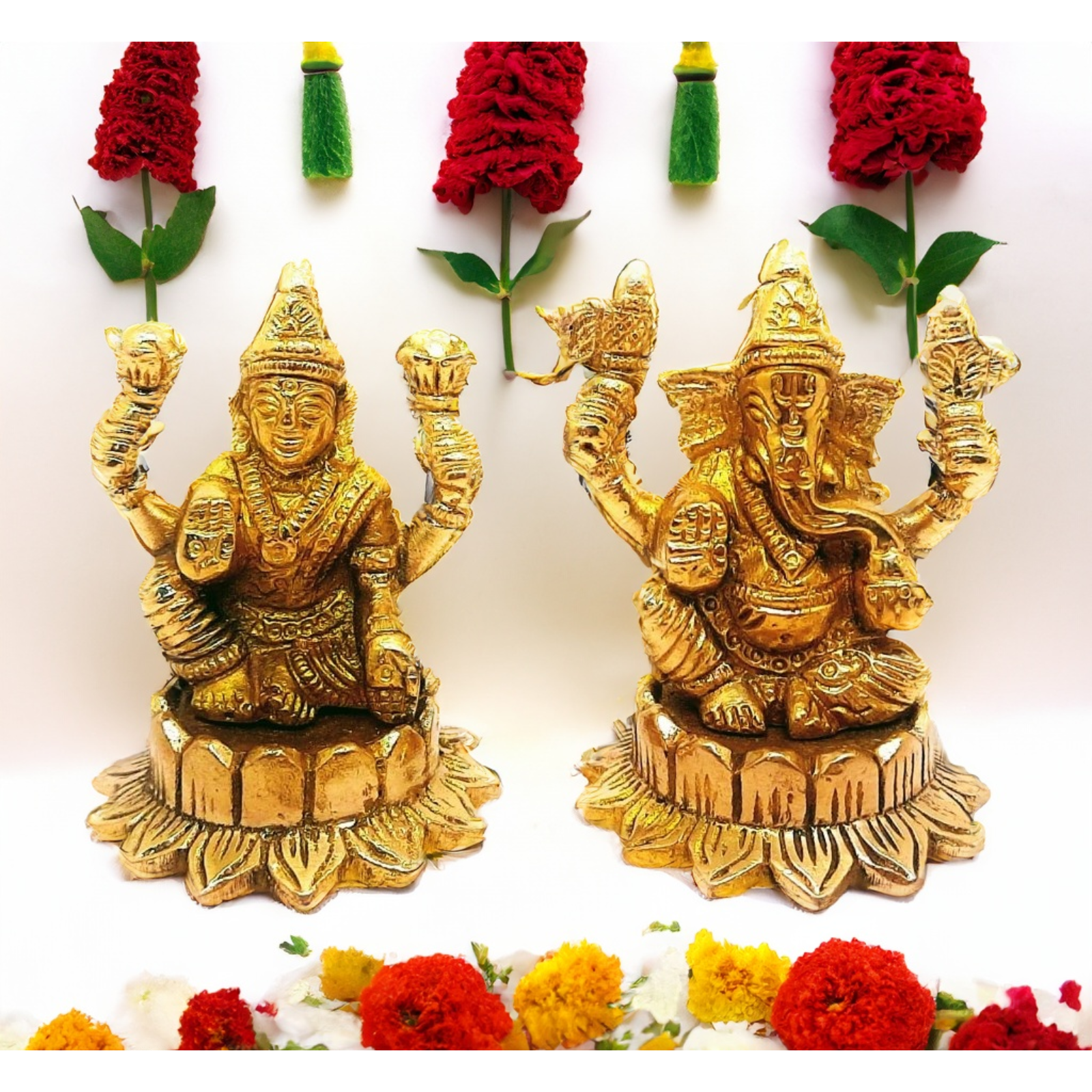 Brass Laxmi Ganesha Idol | Sitting Lakshmi Ganesh Murti Peetal Statue