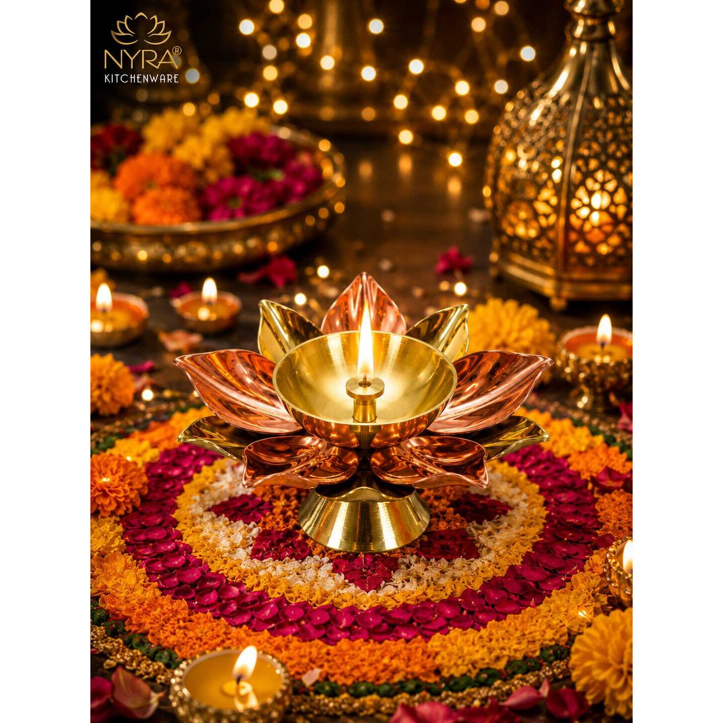 Beautiful Brass Diya with Dual Tone Petals - 2 Sizes