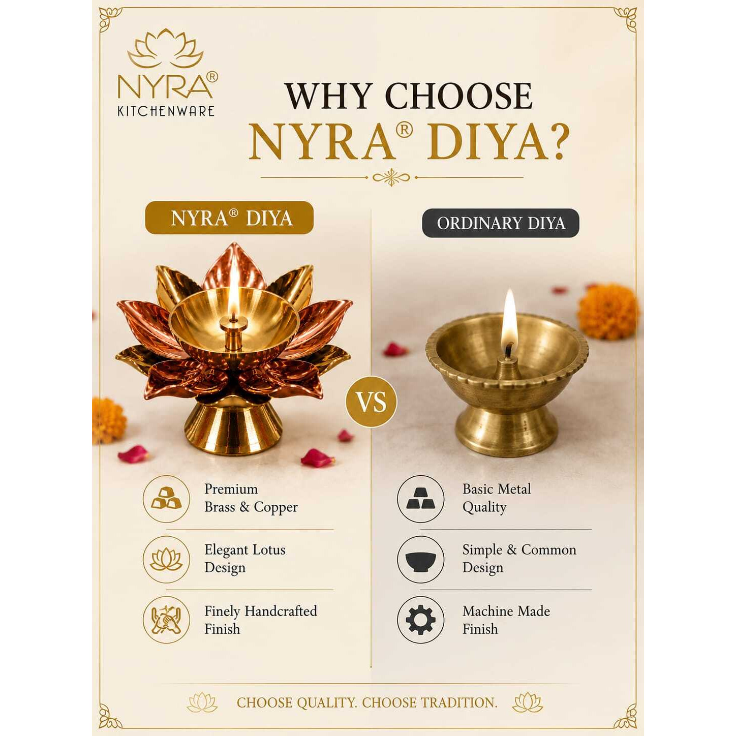 Beautiful Brass Diya with Dual Tone Petals - 2 Sizes