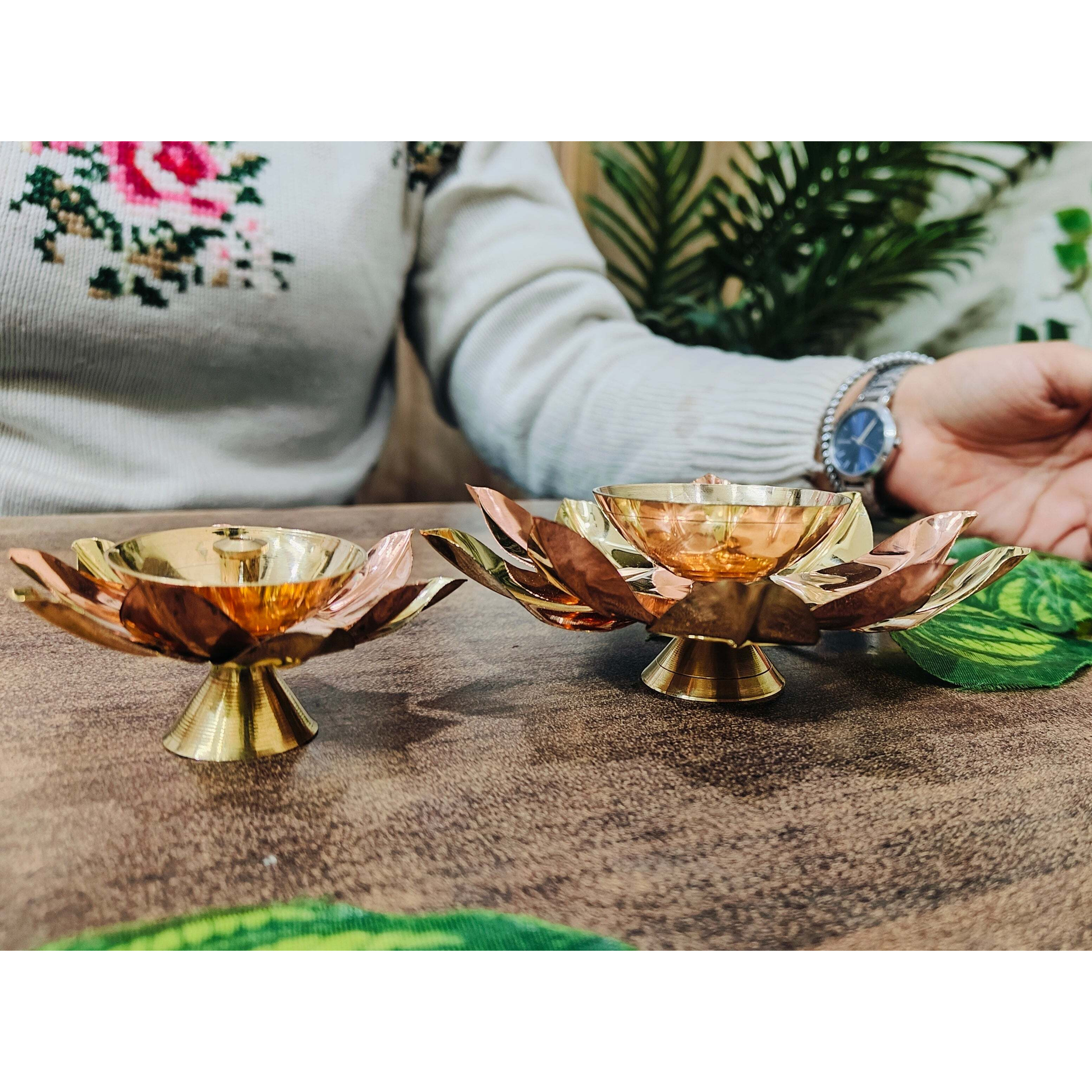 Beautiful Brass Diya with Dual Tone Petals - 2 Sizes