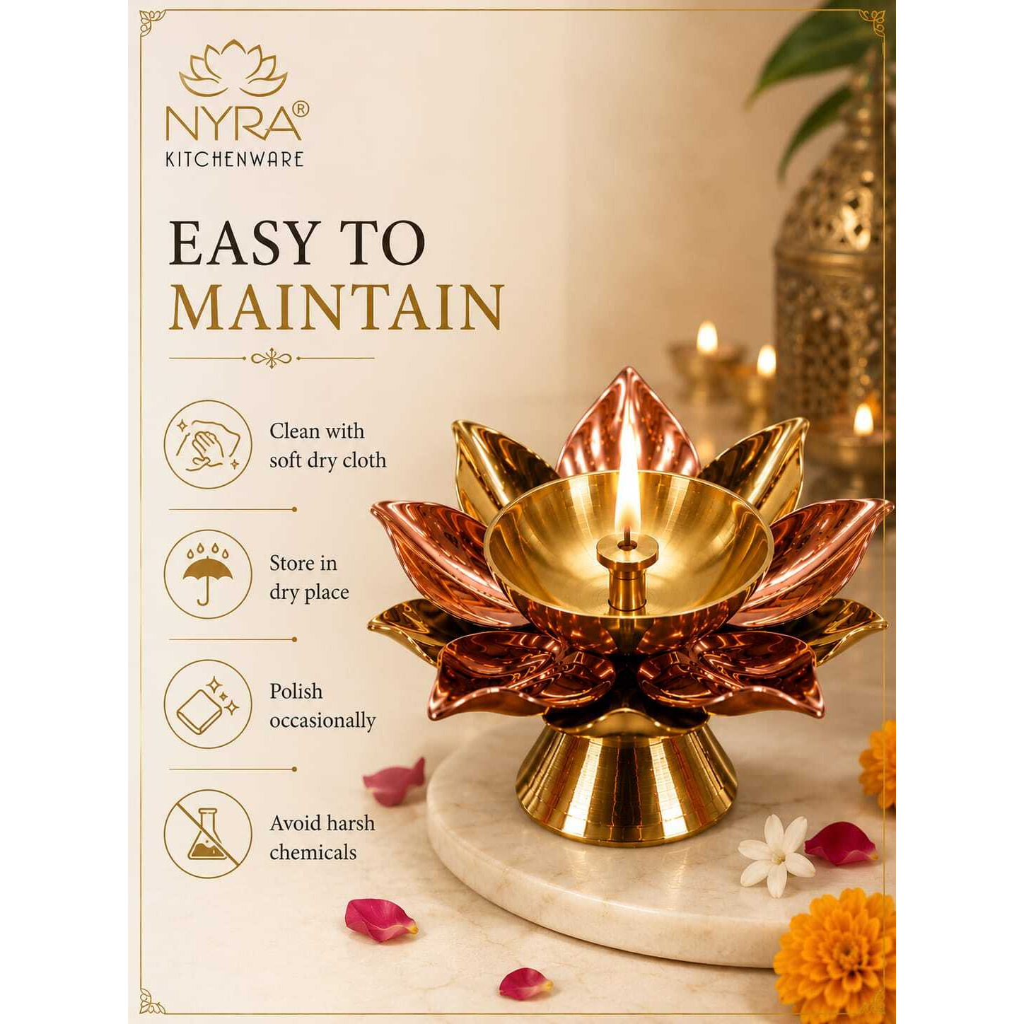 Beautiful Brass Diya with Dual Tone Petals - 2 Sizes