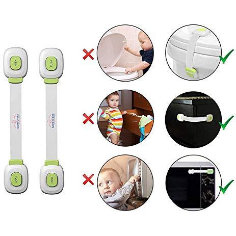 Safe-O-Kid 4 Child Safety Lock Straps/Latches for Baby Proofing - Push Key Multipurpose Easily Adjustable & High Quality Green Pack of 4 (Size Pack of 4)